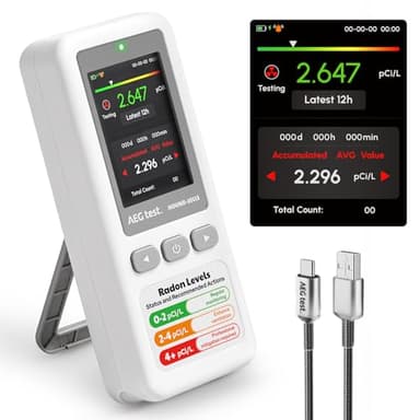 AEGTEST HOUND-1011S Détecteur de radon portable, capteur de haute précision pour la maison, léger, alarmes sonores et visuelles, surveillance à long terme, testeur de radon facile à utiliser en pCi/L ou Bq/m³ pour sous-sol
