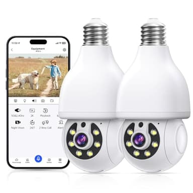Lot de 2 ampoules de sécurité d'extérieur sans fil 5 g/2,4 GHz WiFi, caméra de surveillance HD 2K avec vision nocturne en couleur, communication bidirectionnelle, détecteur de mouvement humain, caméra de sécurité extérieure facile à installer