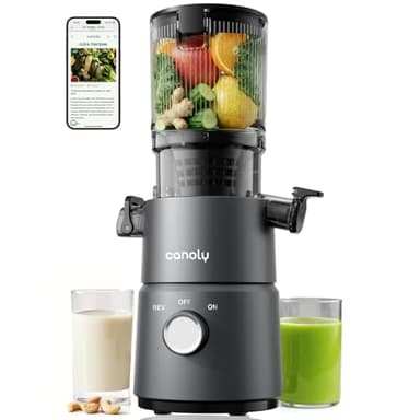 Canoly C03 Presse-agrumes à froid, 11,4 cm de large avec moteur de 200 W AC, convient aux légumes et fruits entiers, passoire 2 en 1 (machine à jus et lait de noix), peu encombrant, facile à nettoyer, gris foncé