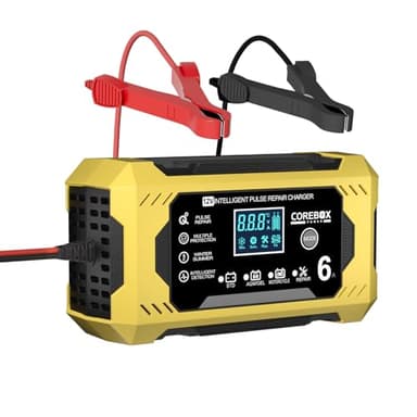 COREBOX Chargeur de batterie 6 A 12 V Chargeur de batterie intelligent pour voiture, chargeur de maintien, mainteneur de batterie désulfateur avec compensation de température pour auto, moto, tondeuse