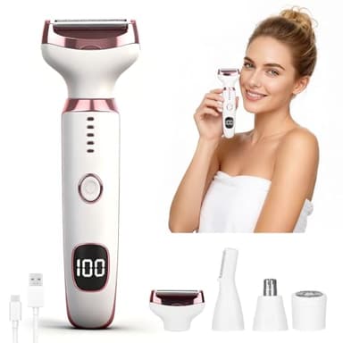Beanify Rasoir électrique 2026 à affichage LED pour femmes et hommes, rasoir électrique sans fil 4 en 1 indolore pour jambes, bras et bikini (rose)
