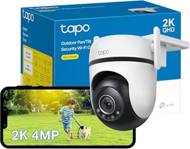 TP-Link Tapo Caméra Wi-Fi de sécurité filaire extérieure Pan/Tilt 2K QHD, couverture visuelle à 360°, vision nocturne couleur complète Starlight jusqu'à 30 m, détection de personnes/animaux/véhicules