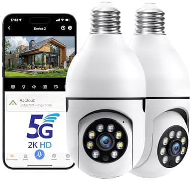 JCMNETE Lot de 2 ampoules de sécurité d'extérieur 5G et 2,4 GHz WiFi - Caméra extérieure sans fil - Audio bidirectionnel - Vision nocturne en couleur - Culot E27 2 en 1