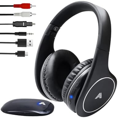 Casque TV sans fil pour personnes âgées et malentendantes, pliable avec émetteur RF 2,4 GHz, prise en charge RCA AUX, pas de retard audio, portée sans fil de 30,5 m (noir)