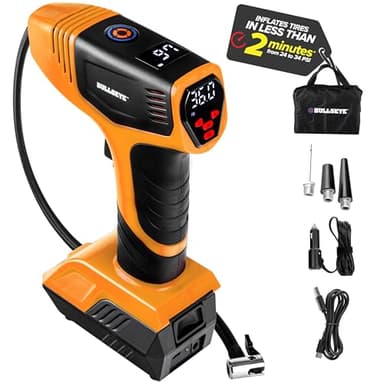 Bullseye Pro Compresseur d'air portable 150 PSI avec écran d'affichage de jauge et pression préréglée en kPa, psi, bar, kg/cm, lumières LED intégrées, rechargeable, compresseur d'air, pompe à pneu de