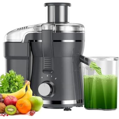 Presse-agrumes centrifuge 500 W avec 3 vitesses et large goulot de 7,6 cm pour fruits et légumes, extracteur de jus à haut rendement, brosse de nettoyage pour un nettoyage facile, gris