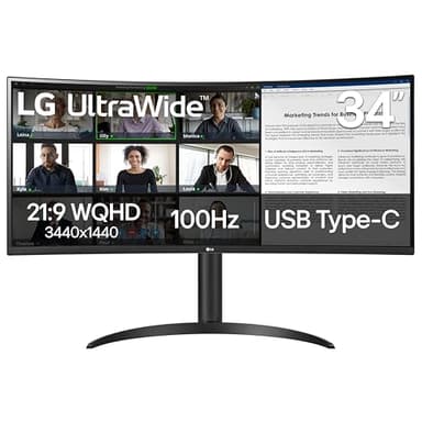 LG Écran incurvé UltraWide™ 1800R 34 po WQHD (3440 x 1440) HDR10, 100 Hz, USB-C 65 W PD, mode Eyecare, support réglable en hauteur, 34WR55QK-B, noir