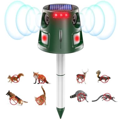 Répulsif à ultrasons pour animaux en plein air, répulsif à énergie solaire pour chat, rongeur, raton laveur, dispositif de contrôle du lapin et du serpent avec détecteur de mouvement et lampe de