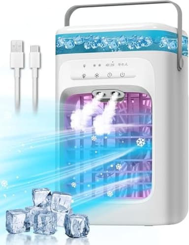 Portable Air Conditioner, 4-in-1 Evaporative Air Cooler, Personal Cooling Fan with 3 Speeds, 2 Mist Modes, 7 LED Night Light, 2-4H Timer, Quiet Mini Air Cooler for Bedroom Office Camping