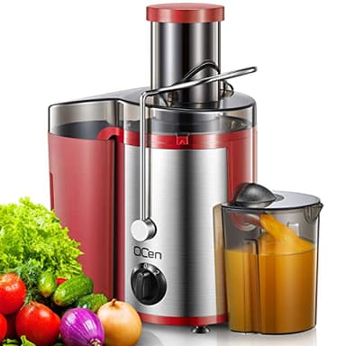 QCen Presse-agrumes centrifuge 500 W avec large goulot de 7,6 cm pour fruits et légumes, facile à nettoyer, en acier inoxydable, sans BPA (rouge)