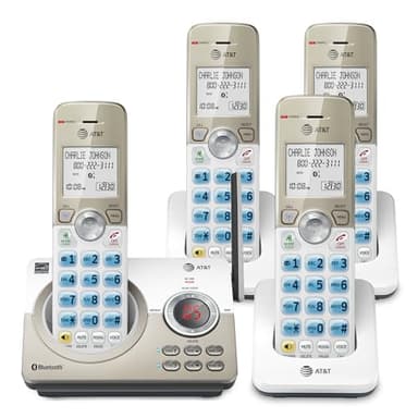 AT&T DL72419 Téléphone sans fil DECT 6.0 à 4 combinés pour la maison avec connexion à la cellule, blocage des appels, écran rétroéclairé de 1,8", gros boutons, interphone et portée inégalée, blanc
