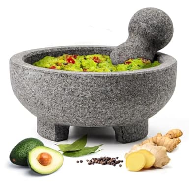 Luvan Ensemble de mortier et pilon de grande taille 20,3 cm en granit non poli avec base antidérapante - Molcajete mexicain en pierre pour guacamole, salsa, épices, pesto - Durable et facile à