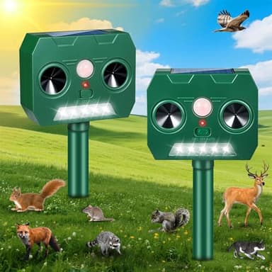 Lot de 2 répulsifs solaires à ultrasons pour animaux avec lumières stroboscopiques et détecteur de mouvement pour éloigner le raton laveur, l'écureuil, la mouffette et le lapin hors de la cour du jardin