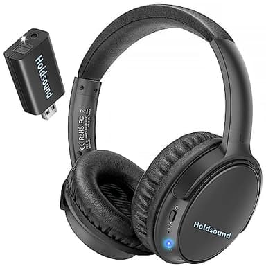 Holdsound Casque sans fil pour TV, Casque TV BKM400 sans fil avec émetteur USB, Plug & Play, portée longue de 50 mètres, sans délai, 20 heures, plus fort et plus clair
