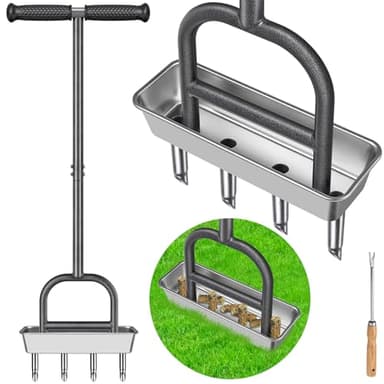 Lifeswell Aérateur de carottage de pelouse, aérateur manuel à 4 cœurs en acier inoxydable pour aération de cour et de pelouse, outil d'aération durable avec poignée en caoutchouc souple pour l'entretien des sols compacts et de l'herbe