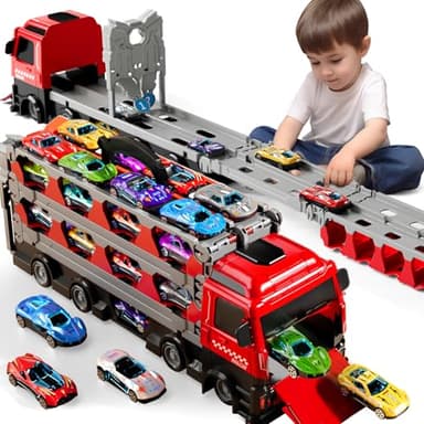 PEADUCK - Ensemble de camions jouets pour enfants de 3, 4, 5, 6 ans, garçons, véhicule de transport sur piste de course de 78 pouces et 12 voitures jouets en métal moulé sous pression, ensemble de