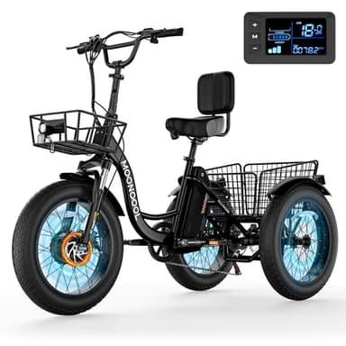 MOONCOOL Tricycle électrique pour adultes, 50,8 x 10,2 cm, vélo électrique à 3 roues 48 V 500 W, 7 vitesses pour adultes avec batterie amovible, cadre en aluminium et grand panier