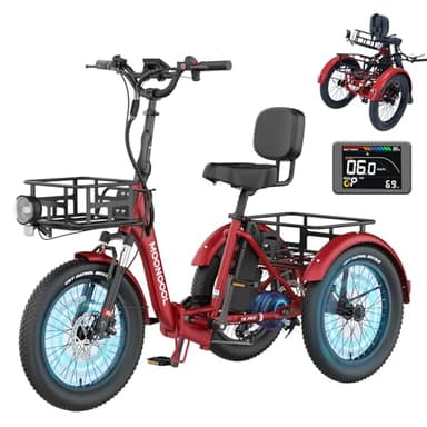MOONCOOL Tricycle électrique pour adultes, 500W 48V Tricycle électrique pliant Puissance de pointe 1000W, Pneu gros 20"x3.0" (50,8 x 7,6 cm) Vélo électrique à 3 roues, Tricycle adulte en aluminium