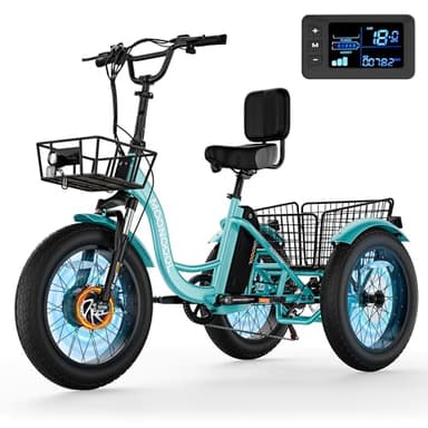 MOONCOOL Tricycle électrique pour adultes, 50,8 x 10,2 cm, vélo électrique à 3 roues 48 V 500 W, 7 vitesses pour adultes avec batterie amovible, cadre en aluminium et grand panier
