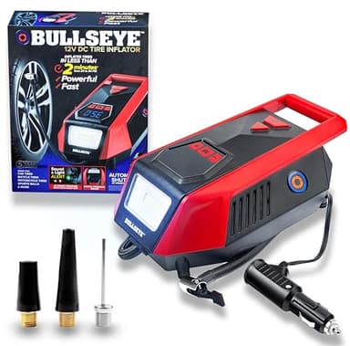 Gonfleur de pneu Bullseye 12 V c.c. - Gonflage rapide de 2 minutes, arrêt automatique, 150 PSI max, rangement facile du cordon, jauge de pression numérique, affichage LED, accessoires, chargeur