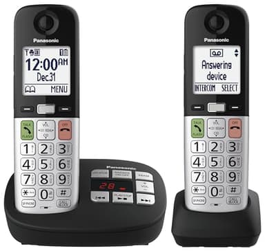 Panasonic Téléphone sans fil, grand écran et gros boutons, touche préférée clignotante, lampe de poche intégrée, bloc d'appels, augmentation du volume, identification de l'appelant parlant, 2 combinés sans fil – KX-TGU432CB (noir/argent)