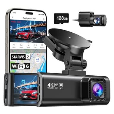 REDTIGER Caméra embarquée 4K avant et arrière avec STARVIS 2, caméra de tableau de bord Wi-Fi 5,8 GHz pour voitures, carte de 128 Go incluse, GPS, écran IPS de 8,08 cm, vision nocturne, grand angle de