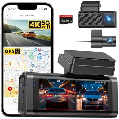 Beferich Caméra de tableau de bord avant et arrière, double caméra de tableau de bord 4K + 2,5 K pour voitures avec IPS de 3,16", carte 64 Go, GPS intégré, WiFi 5 GHz et contrôle par application, Time Lapse, mode stationnement, accéléromètre, enregistrement en boucle, WDR, vision nocturne