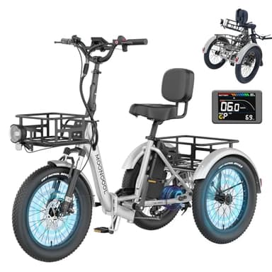 MOONCOOL Tricycle électrique pour adultes, 500 W 48 V pour adultes, puissance de crête 1000 W, vélo électrique à 3 roues de 50,8 x 7,6 cm, pliable en aluminium avec batterie amovible