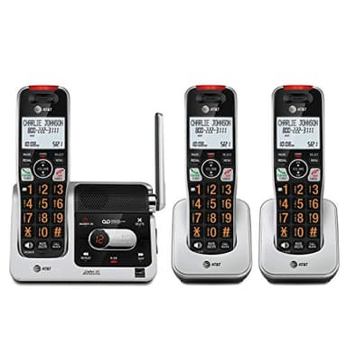AT&T BL102-3S Téléphone sans fil à 3 combinés avec répondeur, écran de 5,1 cm (2 pouces), boutons rétroéclairés et sonnerie visuelle, noir/argent