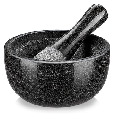 Velaze Grand ensemble de mortier et pilon, 100 % granit naturel, non poli, broyeur à herbes, moulin à épices, bol broyeur en pierre pour la fabrication de guacamole et de pesto, pilon de 16 cm et mortier de 473,6 g (2 tasses)