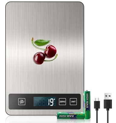 Balance de cuisine numérique rechargeable par USB : balance de cuisine numérique en acier inoxydable, poids numérique en grammes et oz, pâtisserie et cuisine, précision de 0,1 oz/1 g, 6 unités de poids (B1)
