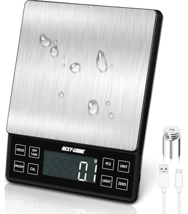 NEXT SHINE Balance de cuisine numérique rechargeable en acier inoxydable, écran LCD rétroéclairé, plateau de protection, grand format, 5 kg x 0,1, pour cuisson, préparation des repas, colis
