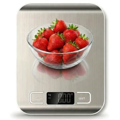 ✪ ® Balance de cuisine numérique avec piles de 5 kg, graduation précise, étanche avec écran LCD, poids et oz pour la pâtisserie, la cuisine et la préparation des repas, noir (acier inoxydable)