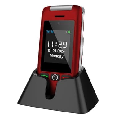 artfone Téléphone portable débloqué 4G pour seniors, téléphone portable débloqué avec station de charge et double écran pour personnes âgées, 1200 mAh, affichage de l'heure – Rouge