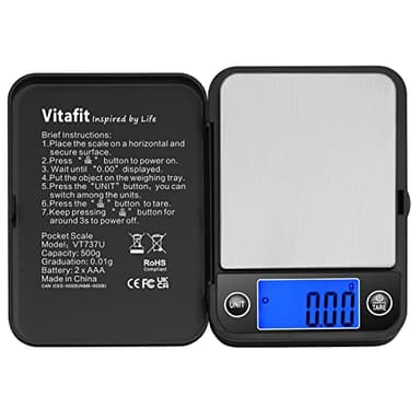 Vitafit Balance de poche numérique 500 g, haute précision assurée par une usine professionnelle de balances depuis 2001, balance en grammes 0,01 g pour multifonction : laboratoire, aliments, cuisine