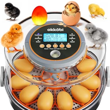 Okköbi Incubateur à 12 œufs avec rotation automatique et contrôle de l'humidité – Réglage intelligent de la température – Incubateurs à couver – Bougeoir à œufs intégré – Couveuse automatique